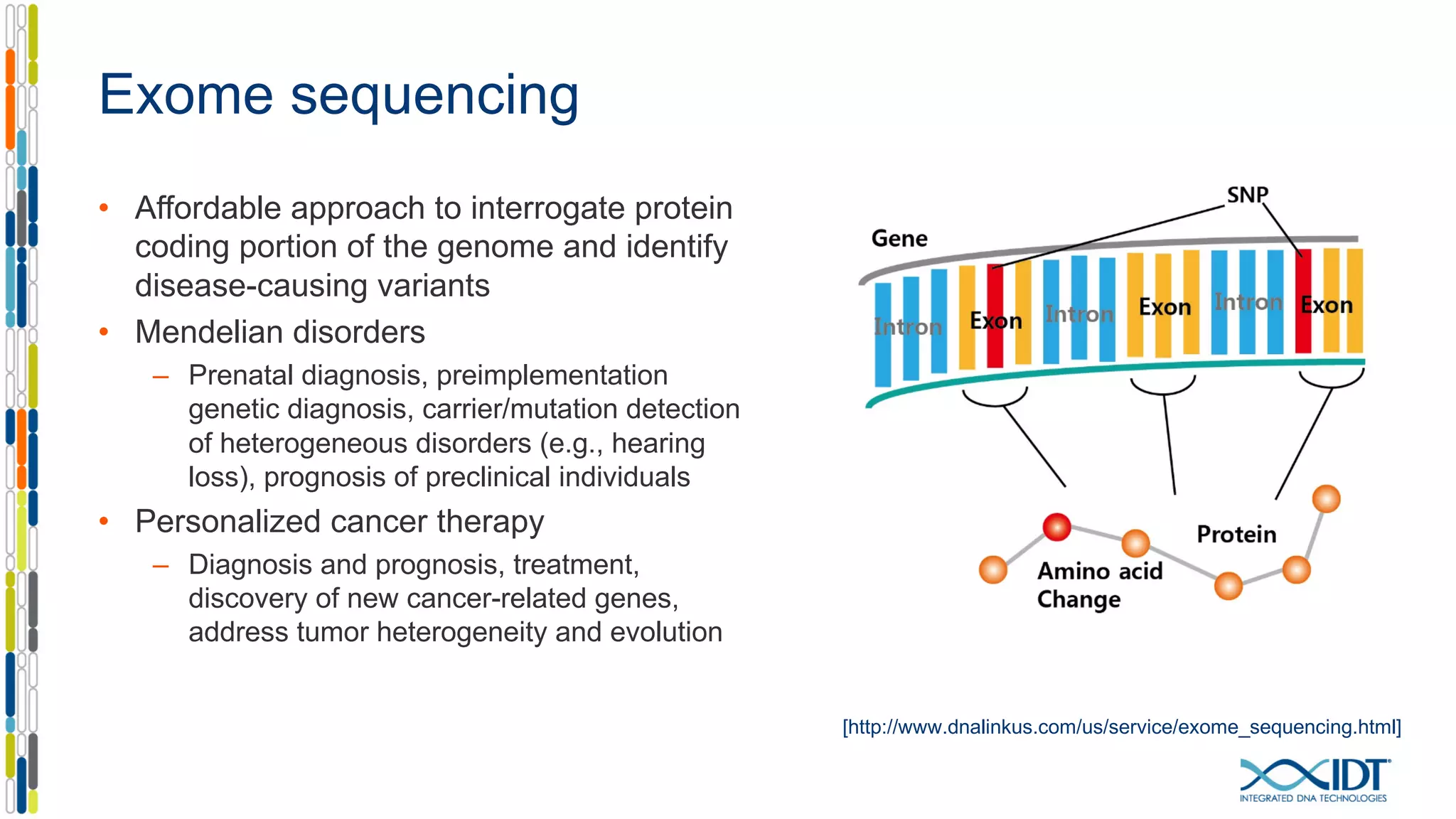 Exome sequencing
• Affordable approach to interrogate protein
coding portion of the genome and identify
disease-causing variants
• Mendelian disorders
– Prenatal diagnosis, preimplementation
genetic diagnosis, carrier/mutation detection
of heterogeneous disorders (e.g., hearing
loss), prognosis of preclinical individuals
• Personalized cancer therapy
– Diagnosis and prognosis, treatment,
discovery of new cancer-related genes,
address tumor heterogeneity and evolution
[http://www.dnalinkus.com/us/service/exome_sequencing.html]
 