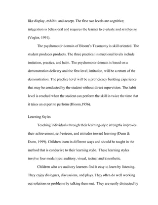 like display, exhibit, and accept. The first two levels are cognitive;

integration is behavioral and requires the learner to evaluate and synthesize

(Vogler, 1991).

      The psychomotor domain of Bloom’s Taxonomy is skill oriented. The

student produces products. The three practical instructional levels include

imitation, practice, and habit. The psychomotor domain is based on a

demonstration delivery and the first level, imitation, will be a return of the

demonstration. The practice level will be a proficiency building experience

that may be conducted by the student without direct supervision. The habit

level is reached when the student can perform the skill in twice the time that

it takes an expert to perform (Bloom,1956).


Learning Styles

      Teaching individuals through their learning-style strengths improves

their achievement, self-esteem, and attitudes toward learning (Dunn &

Dunn, 1999). Children learn in different ways and should be taught in the

method that is conducive to their learning style. These learning styles

involve four modalities: auditory, visual, tactual and kinesthetic.

      Children who are auditory learners find it easy to learn by listening.

They enjoy dialogues, discussions, and plays. They often do well working

out solutions or problems by talking them out. They are easily distracted by
 