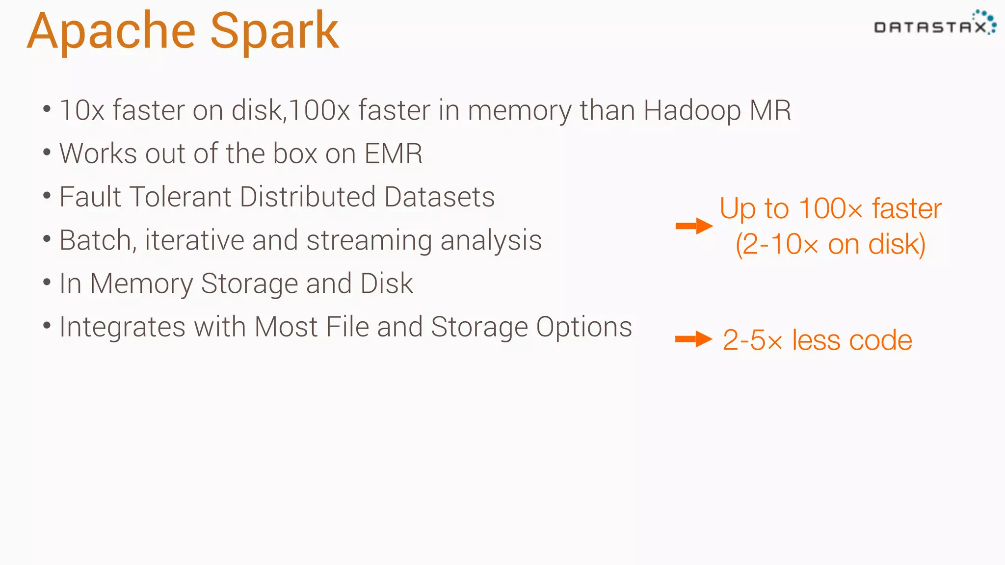 Apache Spark • 10x faster on disk,100x faster in memory than Hadoop MR • Works out of the box on EMR • Fault Tolerant Distributed Datasets • Batch, iterative and streaming analysis • In Memory Storage and Disk • Integrates with Most File and Storage Options Up to 100× faster (2-10× on disk) 2-5× less code 