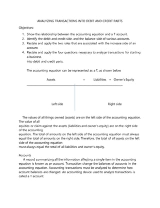 ANALYZING TRANSACTIONS INTO DEBIT AND CREDIT PARTS
Objectives:
1. Show the relationship between the accounting equation and a T account.
2. Identify the debit and credit side, and the balance side of various accounts.
3. Restate and apply the two rules that are associated with the increase side of an
account.
4. Restate and apply the four questions necessary to analyze transactions for starting
a business
into debit and credit parts.
The accounting equation can be represented as a T, as shown below
Assets = Liabilities + Owner’s Equity
_________________________________________________________________________
Left side Right side
The values of all things owned (assets) are on the left side of the accounting equation.
The value of all
equities or claim against the assets (liabilities and owner’s equity) are on the right side
of the accounting
equation. The total of amounts on the left side of the accounting equation must always
equal the total of amounts on the right side. Therefore, the total of all assets on the left
side of the accounting equation
must always equal the total of all liabilities and owner’s equity.
Accounts
A record summarizing all the information affecting a single item in the accounting
equation is known as an account. Transaction change the balances of accounts in the
accounting equation. Accounting transactions must be analyzed to determine how
account balances are changed. An accounting device used to analyze transactions is
called a T account.
 