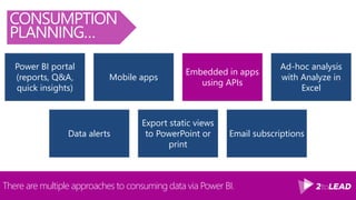 Within the Power BI service between reports, dashboards, Insights, Q&A and
more there is a tremendous amount of capability available today.
CONSUMPTION
PLANNING…
 
