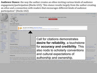 Call for citations demonstrates
desire for reliability, a touchstone
for accuracy and credibility. This
also nods to scholarly conventions
and cultural expectations of
authorship and ownership.
Audience Stance: the way the author creates an ethos inviting various kinds of audience
engagement/participation (Hocks 632); “this stance results largely from the author creating
an ethos and a connection with readers that encourages different kinds of audience
participation” (Hocks 642)
 