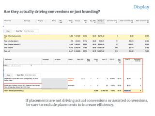 Display
!
!
Are they actually driving conversions or just branding?
If placements are not driving actual conversions or assisted conversions,
be sure to exclude placements to increase eﬃciency.
 