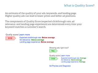 An estimate of the quality of your ads, keywords, and landing page.
Higher quality ads can lead to lower prices and be er ad positions.
The components of Quality Score (expected clickthrough rate, ad
relevance, and landing page experience) are determined every time your
keyword matches a customer's search.
What is Quality Score?
 