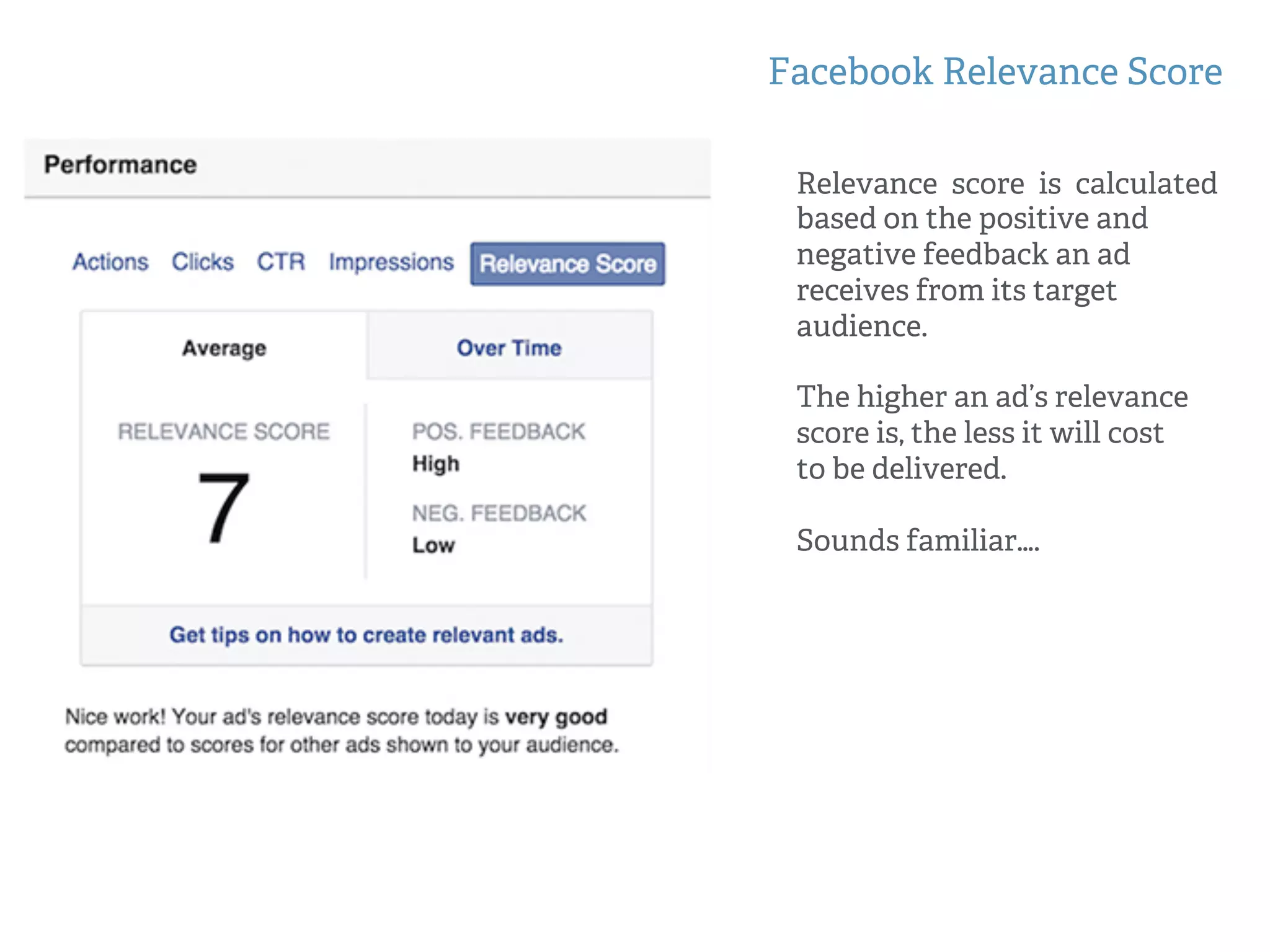 Facebook Relevance Score
Relevance score is calculated
based on the positive and
negative feedback an ad
receives from its target
audience.
The higher an ad’s relevance
score is, the less it will cost
to be delivered.
Sounds familiar….
 