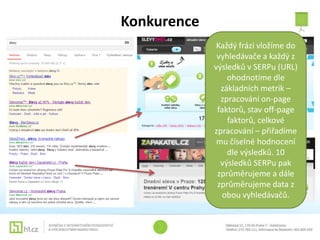 Konkurence
              Každý frázi vložíme do
              vyhledávače a každý z
             výsledků v SERPu (URL)
                 ohodnotíme dle
               základních metrik –
               zpracování on-page
              faktorů, stav off-page
                 faktorů, celkové
             zpracování – přiřadíme
              mu číselné hodnocení
                 dle výsledků. 10
               výsledků SERPu pak
              zprůměrujeme a dále
              zprůměrujeme data z
                obou vyhledávačů.
 