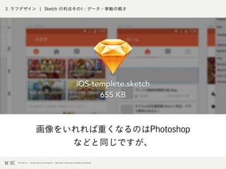 t
3. ラフデザイン ¦ Sketch の利点その1 : データ・挙動の軽さ
画像をいれれば重くなるのはPhotoshop
などと同じですが、
iOS-templete.sketch
655 KB
 
