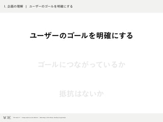 1. 企画の理解 ¦ ユーザーのゴールを明確にする
ユーザーのゴールを明確にする
ゴールにつながっているか
抵抗はないか
 