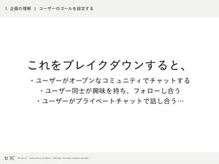 1. 企画の理解 ¦ ユーザーのゴールを明確にする
これをブレイクダウンすると、
・ユーザーがオープンなコミュニティでチャットする
・ユーザー同士が興味を持ち、フォローし合う
・ユーザーがプライベートチャットで話し合う…
 