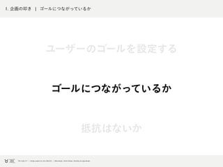 1. 企画の叩き ¦ ゴールにつながっているか
ユーザーのゴールを設定する
ゴールにつながっているか
抵抗はないか
 
