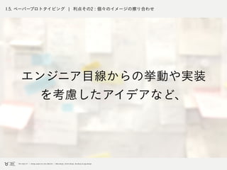 1.5. ペーパープロトタイピング ¦ 利点その2 : 個々のイメージの擦り合わせ
エンジニア目線からの挙動や実装
を考慮したアイデアなど、
 