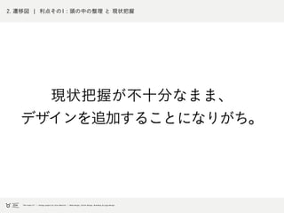2. 遷移図 ¦ 利点その1 : 頭の中の整理 と 現状把握
現状把握が不十分なまま、
デザインを追加することになりがち。
 