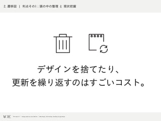 2. 遷移図 ¦ 利点その1 : 頭の中の整理 と 現状把握
デザインを捨てたり、
更新を繰り返すのはすごいコスト。
 