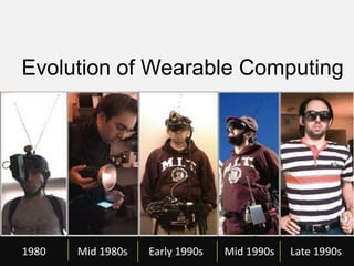 Evolution of Wearable Computing




1980   Mid 1980s   Early 1990s   Mid 1990s   Late 1990s
 