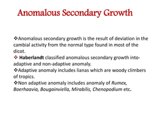 Anomalous Secondary Growth
Anomalous secondary growth is the result of deviation in the
cambial activity from the normal type found in most of the
dicot.
 Haberlandt classified anomalous secondary growth into-
adaptive and non-adaptive anomaly.
Adaptive anomaly includes lianas which are woody climbers
of tropics.
Non adaptive anomaly includes anomaly of Rumex,
Boerhaavia, Bougainviella, Mirabilis, Chenopodium etc.
 