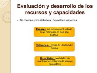 Evaluación y desarrollo de los
recursos y capacidades
 Se conocen como distintivos. Se evalúan respecto a.
Escasez: un recurso será valioso
en el momento en que sea
escaso.
Relevancia: grado de utilidad del
mismo
Durabilidad: posibilidad de
mantener en el tiempo la ventaja
competitiva
 