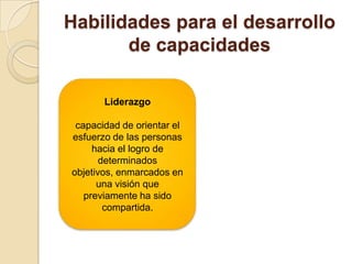 Habilidades para el desarrollo
de capacidades
Liderazgo
capacidad de orientar el
esfuerzo de las personas
hacia el logro de
determinados
objetivos, enmarcados en
una visión que
previamente ha sido
compartida.
 