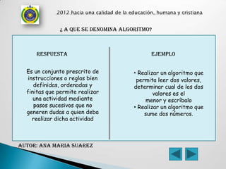 ¿ a que se denomina algoritmo?



     respuesta                              ejemplo


  Es un conjunto prescrito de         • Realizar un algoritmo que
  instrucciones o reglas bien          permita leer dos valores,
     definidas, ordenadas y           determinar cual de los dos
  finitas que permite realizar                valores es el
     una actividad mediante               menor y escríbalo
     pasos sucesivos que no           • Realizar un algoritmo que
  generen dudas a quien deba              sume dos números.
    realizar dicha actividad



AUTOR: ANA MARIA SUAREZ
 