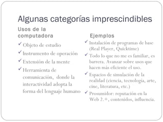 Algunas categorías imprescindibles
Usos de la
computadora                   Ejemplos
                             Instalación de programas de base
 Objeto de estudio
                              (Real Player, Quicktime)
 Instrumento de operación 
                              Todo lo que no me es familiar, es
 Extensión de la mente       barrera. Avanzar sobre usos que
 Herramienta de              hacen más eficiente el uso.
                             Espacios de simulación de la
  comunicación, donde la
                              realidad (ciencia, tecnología, arte,
  interactividad adopta la    cine, literatura, etc.)
  forma del lenguaje humano  Prosumidor: reputación en la
                              Web 2.+, contenidos, influencia.
 