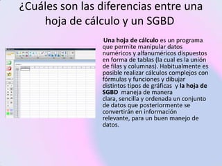 ¿Cuáles son las diferencias entre una
    hoja de cálculo y un SGBD
                Una hoja de cálculo es un programa
                que permite manipular datos
                numéricos y alfanuméricos dispuestos
                en forma de tablas (la cual es la unión
                de filas y columnas). Habitualmente es
                posible realizar cálculos complejos con
                fórmulas y funciones y dibujar
                distintos tipos de gráficas y la hoja de
                SGBD maneja de manera
                clara, sencilla y ordenada un conjunto
                de datos que posteriormente se
                convertirán en información
                relevante, para un buen manejo de
                datos.
 