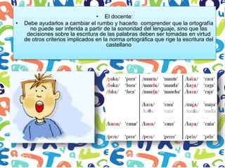 • El docente:
• Debe ayudarlos a cambiar el rumbo y hacerlo comprender que la ortografía
no puede ser inferida a partir de la sonoridad del lenguaje, sino que las
decisiones sobre la escritura de las palabras deben ser tomadas en virtud
de otros criterios implicados en la norma ortográfica que rige la escritura del
castellano
 