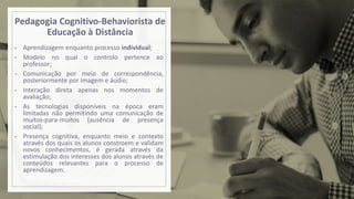 Pedagogia Cognitivo-Behaviorista de
Educação à Distância
- Aprendizagem enquanto processo individual;
- Modelo no qual o controlo pertence ao
professor;
- Comunicação por meio de correspondência,
posteriormente por imagem e áudio;
- Interação direta apenas nos momentos de
avaliação;
- As tecnologias disponíveis na época eram
limitadas não permitindo uma comunicação de
muitos-para-muitos (ausência de presença
social);
- Presença cognitiva, enquanto meio e contexto
através dos quais os alunos constroem e validam
novos conhecimentos, é gerada através da
estimulação dos interesses dos alunos através de
conteúdos relevantes para o processo de
aprendizagem.
 