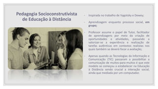 Pedagogia Socioconstrutivista
de Educação à Distância
- Inspirada no trabalho de Vygotsky e Dewey;
- Aprendizagem enquanto processo social, em
grupo;
- Professor assume o papel de Tutor, facilitador
de aprendizagens por meio da criação de
oportunidades e atividades, passando a
valorizar-se a experiência e realização de
tarefas autênticas em contextos realistas nos
quais também se deverá focar a avaliação;
- Apenas quando as Tecnologias da Informação e
Comunicação (TIC) passaram a possibilitar a
comunicação de muitos-para-muitos é que este
modelo se começou a estabelecer na Educação
à Distância sendo crucial a interação social,
ainda que mediada por um computador.
 