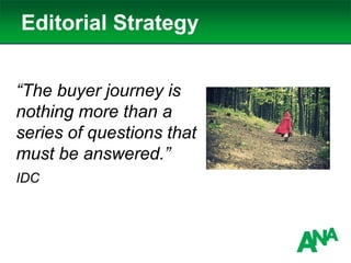 Editorial Strategy
“The buyer journey is
nothing more than a
series of questions that
must be answered.”
IDC
 