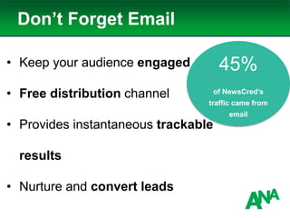 Don’t Forget Email
• Keep your audience engaged
• Free distribution channel
• Provides instantaneous trackable
results
• Nurture and convert leads
45%
of NewsCred’s
traffic came from
email
 
