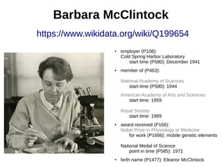 Barbara McClintock
https://www.wikidata.org/wiki/Q199654
●
employer (P108):
Cold Spring Harbor Laboratory
start time (P580): December 1941
● member of (P463):
National Academy of Sciences
start time (P580): 1944
American Academy of Arts and Sciences
start time: 1959
Royal Society
start time: 1989
● award received (P166):
Nobel Prize in Physiology or Medicine
for work (P1686): mobile genetic elements
National Medal of Science
point in time (P585): 1971
● birth name (P1477): Eleanor McClintock
 