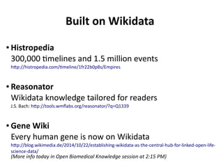Built on Wikidata
● Histropedia
300,000 timelines and 1.5 million events
http://histropedia.com/timeline/1fr22b0p8s/Empire...