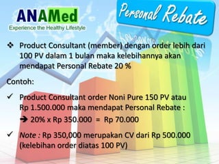 ? Product Consultant (member) dengan order lebih dari
100 PV dalam 1 bulan maka kelebihannya akan
mendapat Personal Rebate 20 %
Contoh:
? Product Consultant order Noni Pure 150 PV atau
Rp 1.500.000 maka mendapat Personal Rebate :
? 20% x Rp 350.000 = Rp 70.000
? Note : Rp 350,000 merupakan CV dari Rp 500.000
(kelebihan order diatas 100 PV)
 