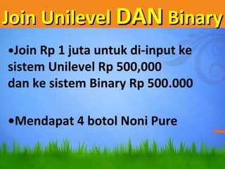 Join UnilevelJoin Unilevel DANDAN BinaryBinary
?Join Rp 1 juta untuk di-input ke
sistem Unilevel Rp 500,000
dan ke sistem Binary Rp 500.000
?Mendapat 4 botol Noni Pure
 