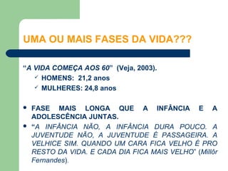 UMA OU MAIS FASES DA VIDA???

“A VIDA COMEÇA AOS 60” (Veja, 2003).
    HOMENS: 21,2 anos
    MULHERES: 24,8 anos


   FASE MAIS LONGA QUE A INFÂNCIA E A
    ADOLESCÊNCIA JUNTAS.
   “A INFÂNCIA NÃO, A INFÂNCIA DURA POUCO. A
    JUVENTUDE NÃO, A JUVENTUDE É PASSAGEIRA. A
    VELHICE SIM. QUANDO UM CARA FICA VELHO É PRO
    RESTO DA VIDA. E CADA DIA FICA MAIS VELHO” (Millôr
    Fernandes).
 