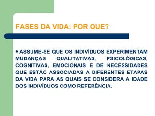 FASES DA VIDA: POR QUE?


ASSUME-SE  QUE OS INDIVÍDUOS EXPERIMENTAM
MUDANÇAS     QUALITATIVAS,    PSICOLÓGICAS,
COGNITIVAS, EMOCIONAIS E DE NECESSIDADES
QUE ESTÃO ASSOCIADAS A DIFERENTES ETAPAS
DA VIDA PARA AS QUAIS SE CONSIDERA A IDADE
DOS INDIVÍDUOS COMO REFERÊNCIA.
 