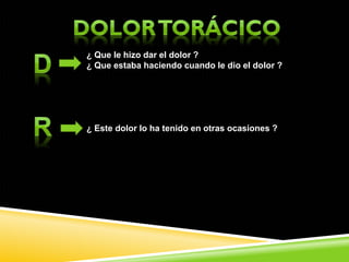 ¿ Que le hizo dar el dolor ?
¿ Que estaba haciendo cuando le dio el dolor ?
¿ Este dolor lo ha tenido en otras ocasiones ?
 