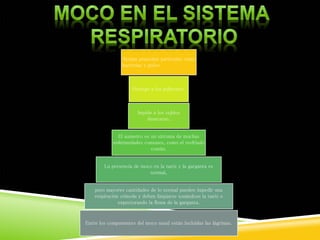 Atrapa pequeñas partículas como
bacterias y polvo.
Protege a los pulmones.
Impide a los tejidos
desecarse.
El aumento es un síntoma de muchas
enfermedades comunes, como el resfriado
común.
La presencia de moco en la nariz y la garganta es
normal,
pero mayores cantidades de lo normal pueden impedir una
respiración cómoda y deben limpiarse sonándose la nariz o
expectorando la flema de la garganta.
Entre los componentes del moco nasal están incluidas las lágrimas.
 