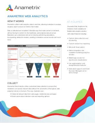 ANAMETRIX WEB ANALYTICS
How it Works

AT A GLANCE

Anametrix collects web analytics data in real time, allowing marketers to analyze,
visualize, report and act on metrics that matter.

Anametrix Web Analytics is the

Data is collected and visualized in flexible ways that make sense to marketers,
without having to conform to the traditional, web analytics data structure.
Marketers can understand and act on data by performing calculations,
incorporating attribution models, enabling correlations across brands and much
more.

industry’s most scalable and
flexible web analytics solution,
with robust features including:
•	Custom data collection and
processing
•	Custom and ad hoc reporting
•	Microsoft Excel add-in
•	Native integration into
complete marketing analytics
solution
•	Mobile app access for
reports and visualizations
•	Live segmentation and
resegmentation features
•	Dedicated support and Client
Success Managers at no
extra charge


Collect
Anametrix Web Analytics offers customized data collection to ensure that
marketers can access relevant data without the constraints of the typical, web
analytics format or structure. This way, marketers can:
•	 Collect all relevant data from web pages, mobile devices and apps
•	 Build custom data-collection rules and reporting options

 