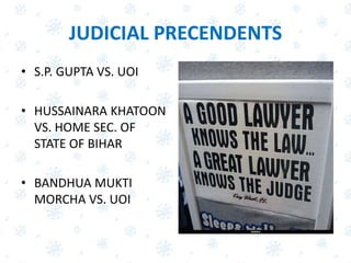 JUDICIAL PRECENDENTS
• S.P. GUPTA VS. UOI
• HUSSAINARA KHATOON
VS. HOME SEC. OF
STATE OF BIHAR
• BANDHUA MUKTI
MORCHA VS. UOI