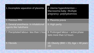 1. Incomplete separation of placenta 2. Uterine hyperdistention –
Macrosomia baby –Multiple
pregnancy- polyhydramnios
3. Previous PPH 4. Placenta previa
5. General anesthesia- in inhalational
agents like halothane
6. High parity
7. Precipitated labour- less than 1 hour 8. Prolonged labour – active phase
lasts more than 12 hours
9. Fibroids 10. Obesity (BMI > 35), Age > 40 years
old
 