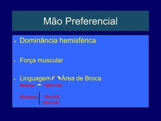 Mão Preferencial
 Dominância hemisférica
 Força muscular
 Linguagem Área de Broca
• Destros 100% H.E.
• Sinistros 70% H.E
30% H.D.
 