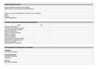 DESENVOLVIMENTO SOCIAL
QUEM PASSA MAIS TEMPO COM A CRIANÇA
QUAIS SÃO AS ATIVIDADES DE SUA PREFERÊNCIA:
COMO É O SEU RELACIONAMENTO COM ADULTOS E CRIANÇAS:
CASA
ESCOLA
OUTROS AMBIENTES
A CRIANÇA TEM ALGUM PROBLEMA NOS ITENS ABAIXO:
ITENS SIM
ALIMENTA-SE SOZINHA
TEM CRISES DE RAIVA OU CHORO
UTILIIZA O BANHEIRO SOZINHA
MANIPULA OBJETOS
EXECUTA HIGIENE PESSOAL
PRESTA ATENÇÃO
OBEDECE ORDENS
FAZ-SE ENTENDER
FALA SOZINHO POR MUITO TEMPO
MOVIMENTA-SE NORMALMENTE
OUVE O QUE FALAM
COMPREENDE AS PALAVRAS
OUTROS MEIOS DE COMUNICAÇÃO DA CRIANÇA
LÁGRIMAS
COM QUE FINALIDADE
SONS SEM SENTIDO
COM QUE FINALIDADE
EXEMPLOS
GESTOS
COM QUE FINALIDADE
 