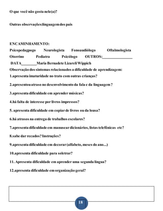18
O que você não gosta nele(a)?
Outras observações:linguagemdos pais
ENCAMINHAMENTO:
Psicopedagpogo Neurologista Fonoaudiólogo Oftalmologista
Otorrino Pediatra Psicólogo OUTROS:________________
DATA________Maria Bernadete LizareliWippich
Observação dos sintomas relacionados a dificuldade de aprendizagem:
1.apresenta imaturidade no trato com outras crianças?
2.apresentouatraso no desenvolvimento da fala e da linguagem?
3.apresenta dificuldade em aprender músicas?
4.há falta de interesse por livros impressos?
5. apresenta dificuldade em copiarde livros ou da lousa?
6.há atrasos na entrega de trabalhos escolares?
7.apresenta dificuldade em manuseardicionários, listas telefônicas etc?
8.sabe dar recados?Instruções?
9.apresenta dificuldade em decorar(alfabeto, meses do ano...)
10.apresenta dificuldade para soletrar?
11. Apresenta dificuldade em aprender uma segunda língua?
12.apresenta dificuldade em organização geral?
 