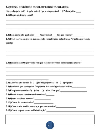 2
2- QUEIXA/ HISTÓRICO ESCOLAR/DADOS ESCOLARES :
Narrada: pelo pai( ); pela mãe; ( )pelo responsável;( ) Pelo sujeito; ____
2.1)O que a/o trouxe aqui?
_____________________________________________________________________________
_____________________________________________________________________________
_____________________________________________________________________________
_________________________________________________________________
2.2)Esta cursando qual ano?_____Qualturno?____Emque Escola?_________
2.3)Professores:o que está acontecendo comele(a)na sala de aula?Qualé a queixa da
escola?
_____________________________________________________________________________
_____________________________________________________________________________
_____________________________________________________________________________
_____________________________________
2.4)Responsável:O que você acha que está acontecendo comele(a)na escola?
_____________________________________________________________________________
_____________________________________________________________________________
_____________________________________________________________________________
_____________________________________
2.5)A escola que estuda é : ( )grande(espaçosa) ou ( ) pequena
2.6)Idade em que começoua frequentar a escola? (precoce/tardia)____________
2.7)Frequentou creches? ( ) sim ( ) não . Por que?_______________________
2.8)Houve trocas constantesde escolas:?_______
2.9)Quem escolheua escola?______________
2.10)Como foi essa escolha?_________________
2.11)Caso tenha havido mudança, por que mudou?_________________
2.12)Como se processoua alfabetização?__________________________________________
 