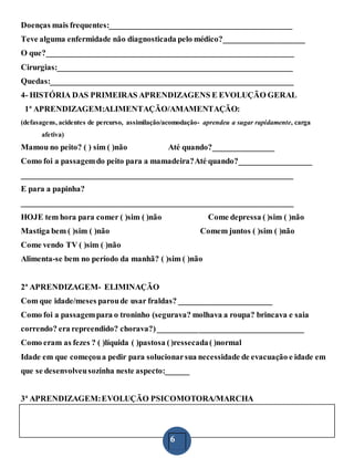 6
Doenças mais frequentes:_____________________________________________
Teve alguma enfermidade não diagnosticada pelo médico?____________________
O que?_____________________________________________________________
Cirurgias:__________________________________________________________
Quedas:____________________________________________________________
4- HISTÓRIA DAS PRIMEIRAS APRENDIZAGENS E EVOLUÇÃO GERAL
1ª APRENDIZAGEM:ALIMENTAÇÃO/AMAMENTAÇÃO:
(defasagens, acidentes de percurso, assimilação/acomodação- aprendeu a sugar rapidamente, carga
afetiva)
Mamou no peito? ( ) sim ( )não Até quando?_______________
Como foi a passagemdo peito para a mamadeira?Até quando?__________________
___________________________________________________________________
E para a papinha?
___________________________________________________________________
HOJE tem hora para comer ( )sim ( )não Come depressa ( )sim ( )não
Mastiga bem ( )sim ( )não Comem juntos ( )sim ( )não
Come vendo TV ( )sim ( )não
Alimenta-se bem no período da manhã? ( )sim ( )não
2ª APRENDIZAGEM- ELIMINAÇÃO
Com que idade/meses paroude usar fraldas? _______________________
Como foi a passagempara o troninho (segurava? molhava a roupa? brincava e saia
correndo? era repreendido? chorava?)____________________________________
Como eram as fezes ? ( )líquida ( )pastosa ()ressecada( )normal
Idade em que começoua pedir para solucionarsua necessidade de evacuação e idade em
que se desenvolveusozinha neste aspecto:______
3ª APRENDIZAGEM:EVOLUÇÃO PSICOMOTORA/MARCHA
 