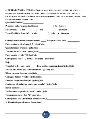 8
4ª APRENDIZAGEM:FALA( ATÉ DOIS ANOS –PROBLEMA: DEF.AUDITIVA E VOCAL..-
PROBLEMAS DE LINGUAGEM: DISLALIA, GAGUEIRA-PROVOCAM PROBLEMAS-LEITURAE
ESCRITA.)ATÉ 5 ANOS É NORMALOCORRER PROBLEMAS DE LING.. DEPOIS DESSA FAIXA ETÁRIA,
PROCURAR O FONOAUDIÓLOGO)
Quando balbuciou?___________________
Primeiras palavras comsignificado:______________(10a 12 meses)
Fala errado? ( ) sim ( ) não ( )às vezes
Tem dificuldade de ouvir? ( ) sim ( ) não ( )às vezes
Com que idade/meses começoua falar ?____Comquem falava mais? ___________
Falava(m) para ele(a)repetir ? ( )sim ( )não
Quais foram as primeiras palavras ? ____________________________________
Trocava letras ? ( ) sim ( )não Quais? ___________________________________
Falava muito errado ? ( ) sim ( )não____________________________________
Condições da fala: ( ) normal ou com ( ) distúrbio.
Hoje:
Troca letras ? ( ) sim ( )não Fala muito / pouco (ansioso)( ) sim ( )não
Fala de uma forma que todos entendem ? ( ) sim ( )não
Dê um exemplo de como ele(a)fala___________________________________
Consegue darum recado ? ( ) sim ( )não/
Faz uma compra sozinho(a)? ( ) sim ( )não
Conta uma história / um caso / uma novela ? ( ) sim ( )não
Dê um exemplo:__________________________________________________
Você entende o que ele(a)conta ? ( ) sim ( )não
Tem começo, meio e fim ? ( ) sim ( )não
Condições da fala ( normal ou com distúrbio):_____________________________
5- SONO-só aprende quem dorme bem!
 