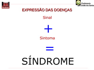 EXPRESSÃO DAS DOENÇAS
Sinal
•

+

manifestação objetiva, diretamente
observado pelo médico.
Sintoma

•

=

sensação subjetiva referida pelo paciente,
comprovada ou não pelo médico.

SÍNDROME

 