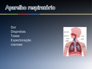 Dor
Dispnéias
Tosse
Expectoração
cianose
 