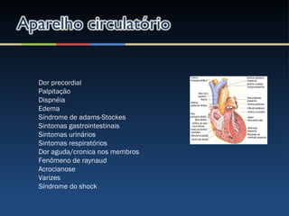 Dor precordial
Palpitação
Dispnéia
Edema
Síndrome de adams-Stockes
Sintomas gastrointestinais
Sintomas urinários
Sintomas respiratórios
Dor aguda/cronica nos membros
Fenõmeno de raynaud
Acrocianose
Varizes
Síndrome do shock
 