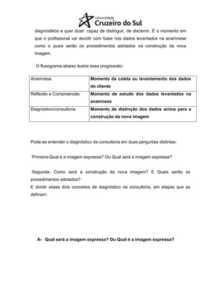 diagnóstikós e quer dizer capaz de distinguir, de discernir. É o momento em
que o profissional vai decidir com base nos dados levantados na anamnese
como e quais serão os procedimentos adotados na construção da nova
imagem.
O fluxograma abaixo ilustra essa progressão:
Anamnese Momento da coleta ou levantamento dos dados
do cliente
Reflexão e Compreensão Momento de estudo dos dados levantados na
anamnese
Diagnóstico/consultoria Momento de distinção dos dados acima para a
construção da nova imagem
Pode-se entender o diagnóstico da consultoria em duas perguntas distintas:
Primeira-Qual é a imagem expressa? Ou Qual será a imagem expressa?
Segunda- Como será a construção da nova imagem? E Quais serão os
procedimentos adotados?
E dividir esses dois conceitos de diagnóstico na consultoria, em etapas que as
definam:
A- Qual será a imagem expressa? Ou Qual é a imagem expressa?
 